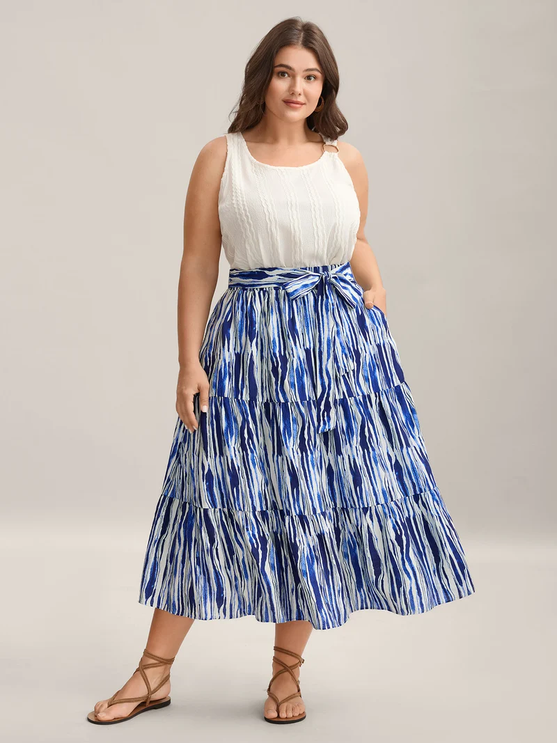 Nautical Stripes Belted Tiered Maxi Skirt