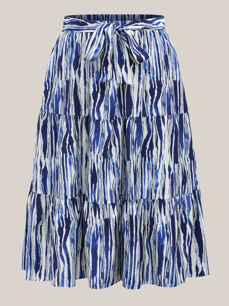 Nautical Stripes Belted Tiered Maxi Skirt