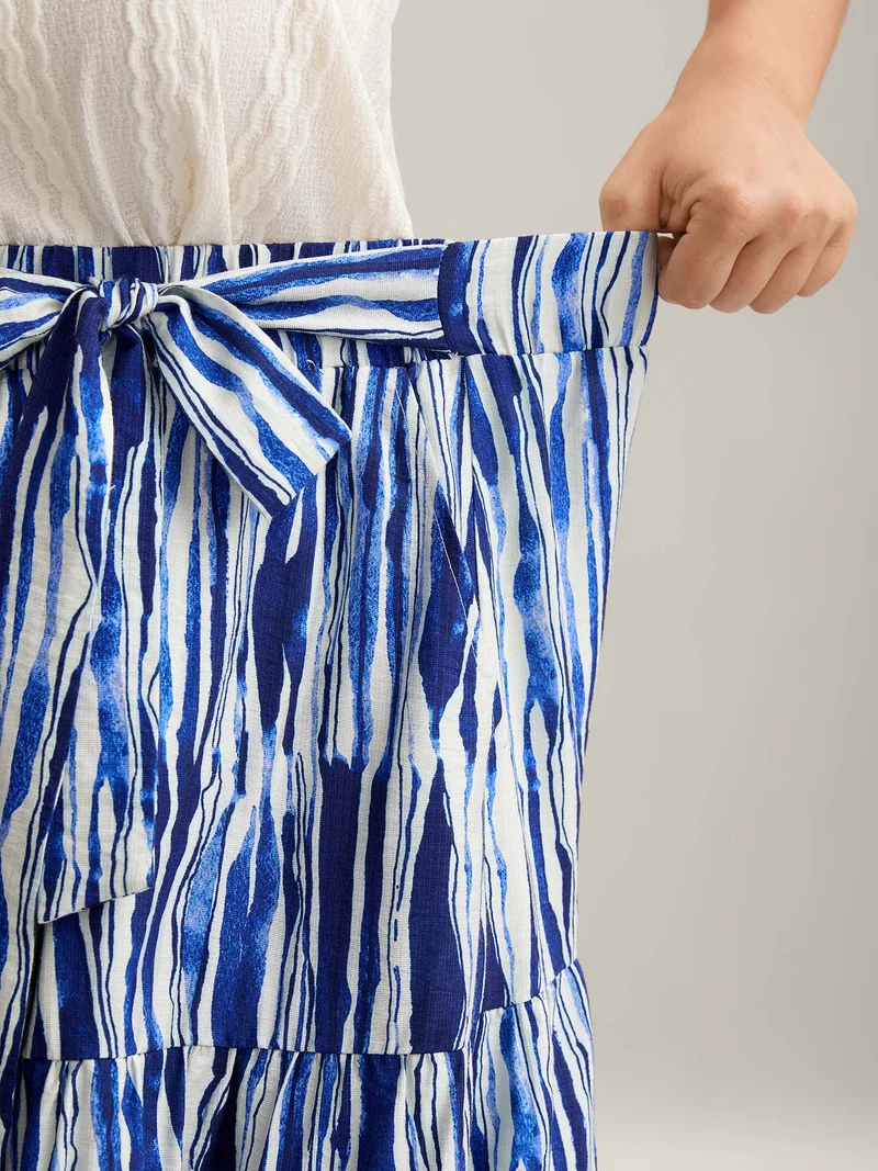 Nautical Stripes Belted Tiered Maxi Skirt