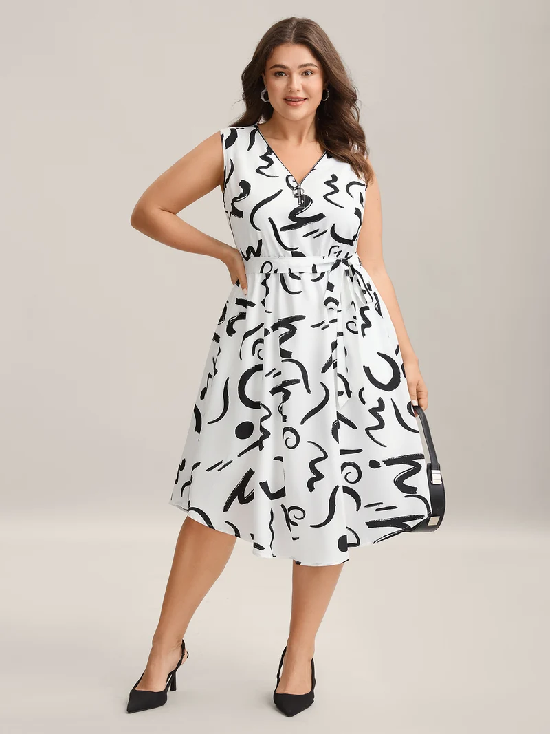 Scribble Print Belted Zipper Midi Dress