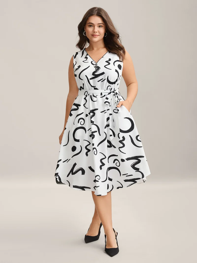 Scribble Print Belted Zipper Midi Dress