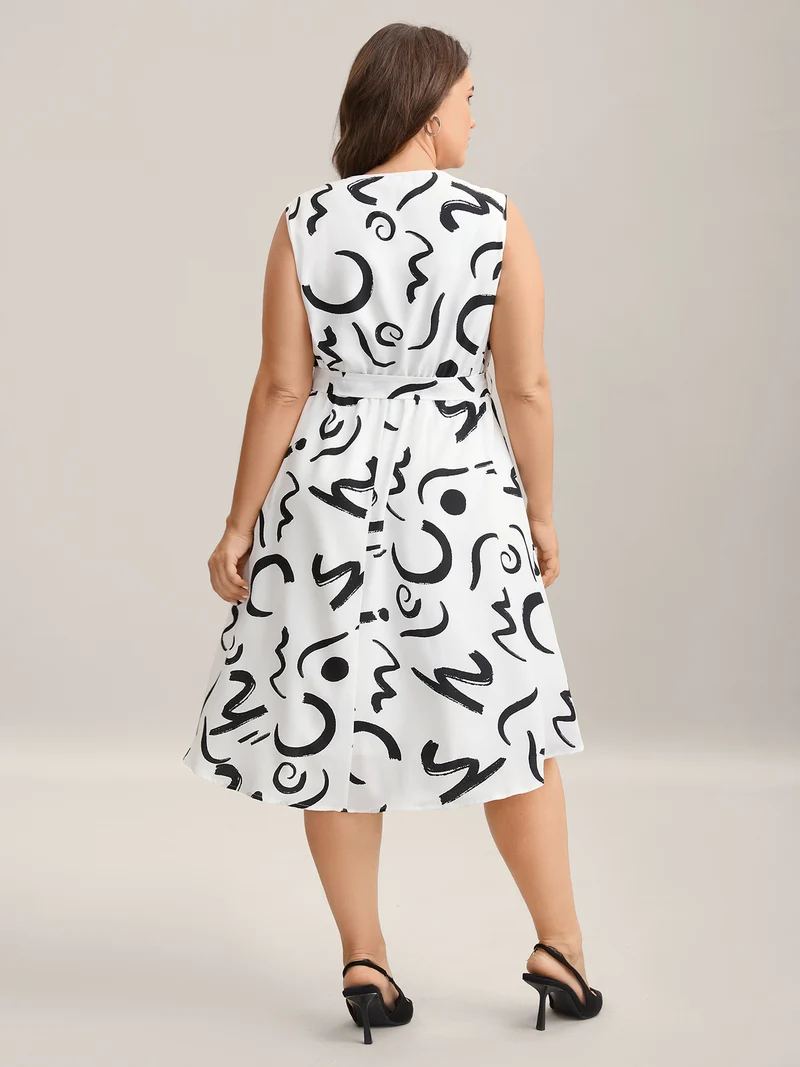 Scribble Print Belted Zipper Midi Dress