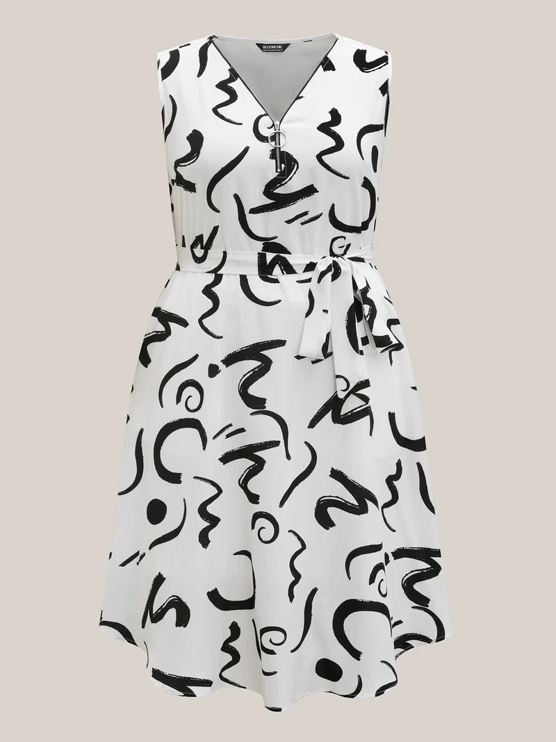 Scribble Print Belted Zipper Midi Dress