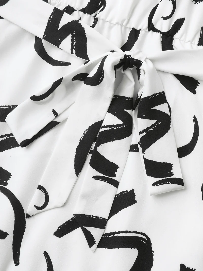 Scribble Print Belted Zipper Midi Dress