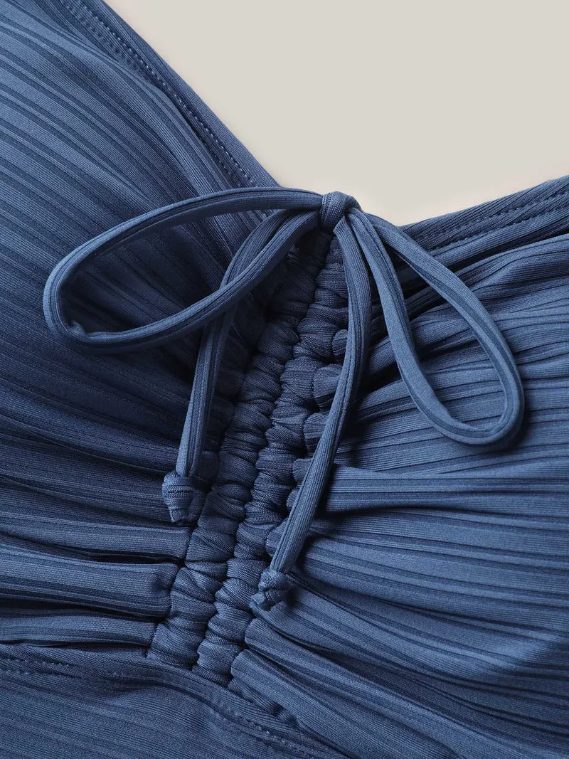 Textured Channel Drawstring One-Piece Swimsuit