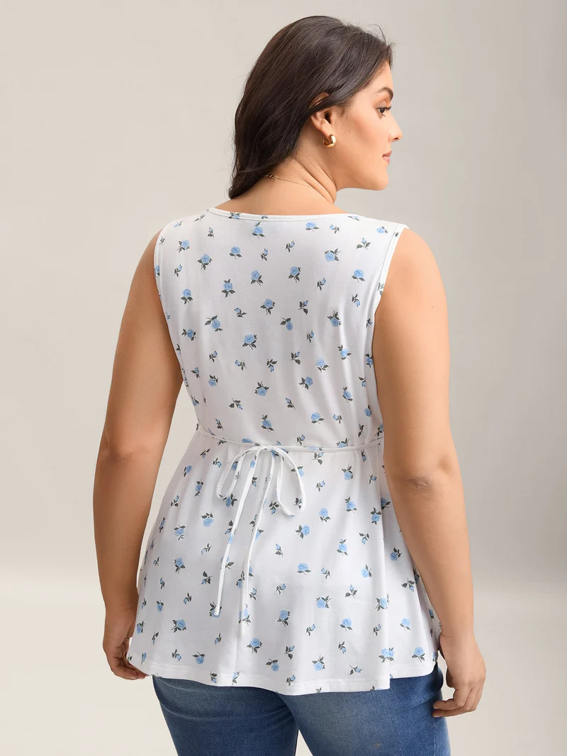 Stretchy Floral Print Waist-Tie Tank Top