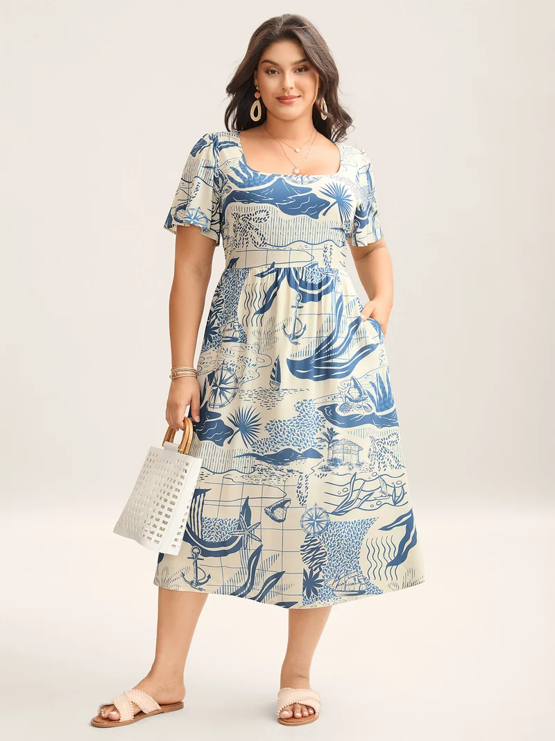 Ocean Symphony Print Pockets Midi Dress