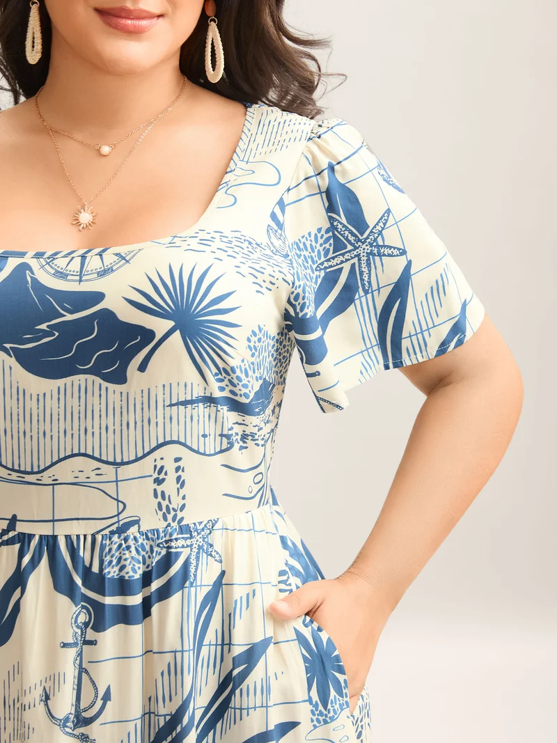 Ocean Symphony Print Pockets Midi Dress