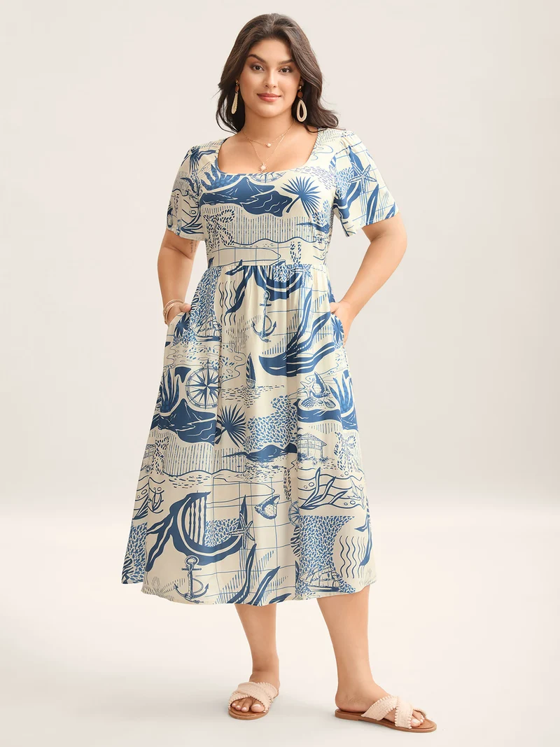 Ocean Symphony Print Pockets Midi Dress