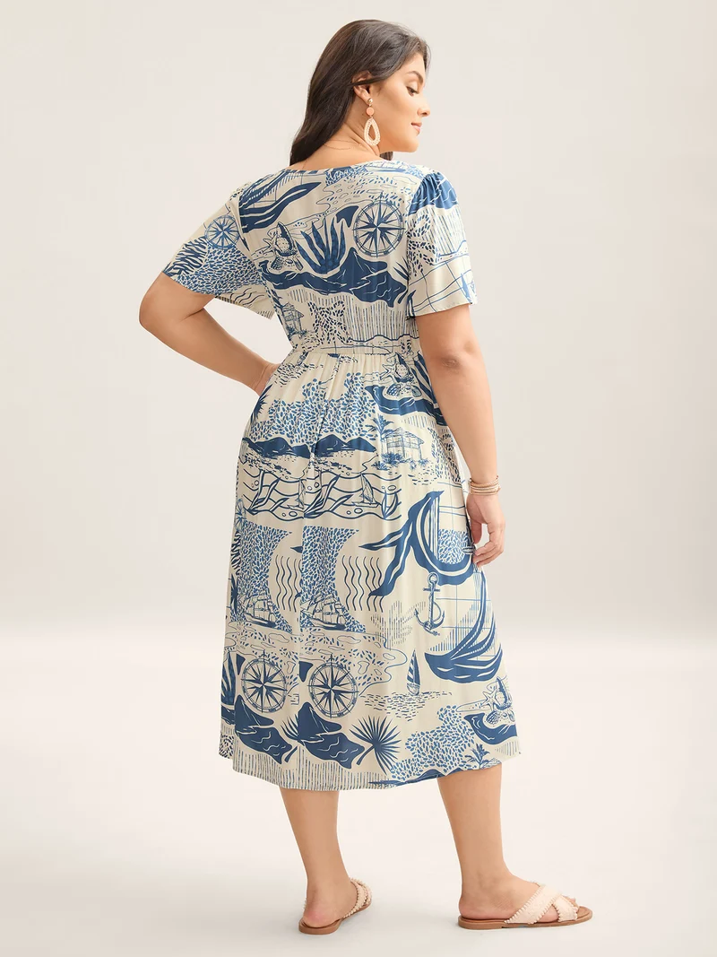 Ocean Symphony Print Pockets Midi Dress