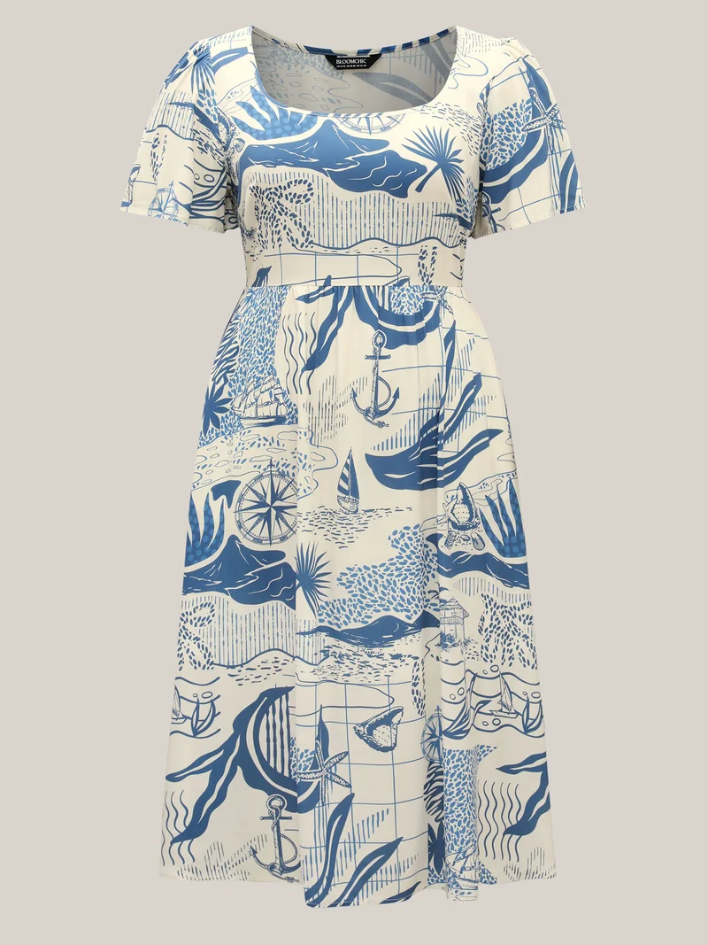 Ocean Symphony Print Pockets Midi Dress
