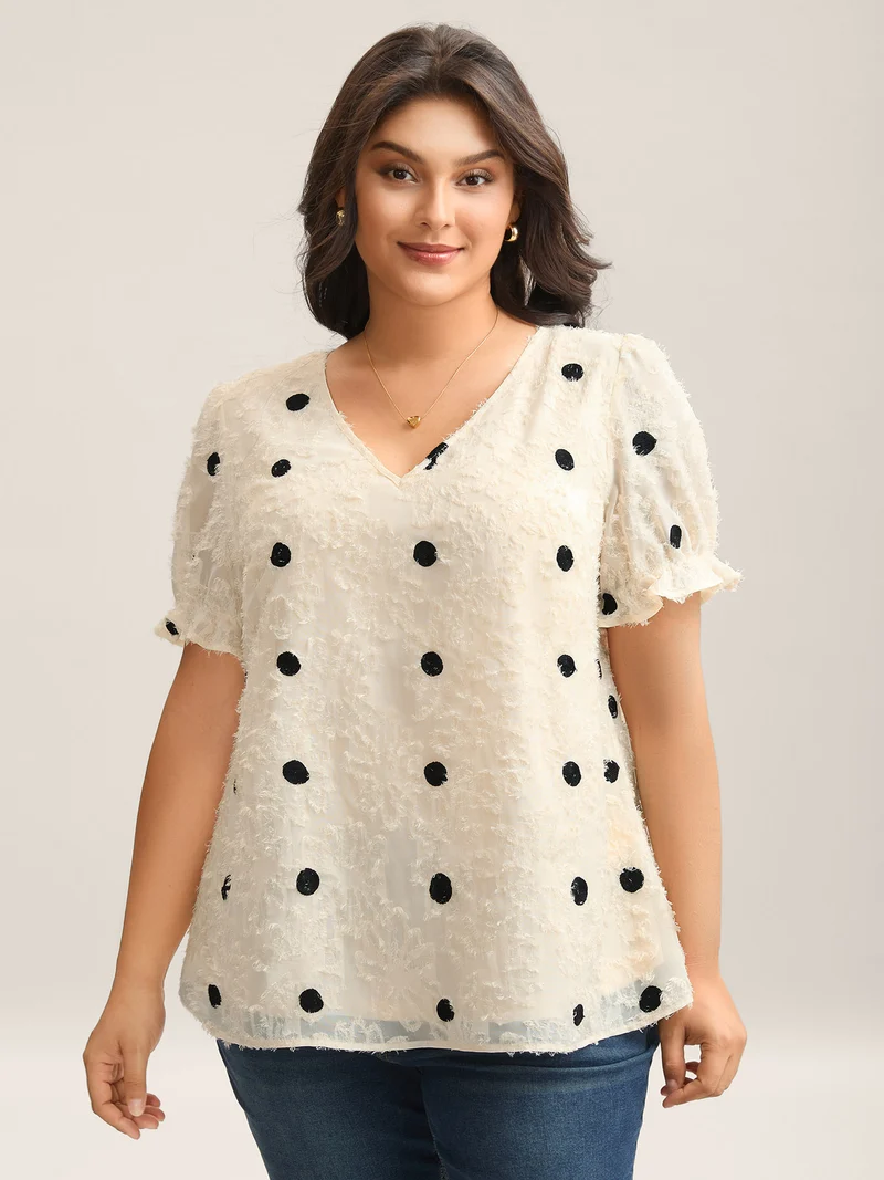 Textured Dots V-Neck Puff Sleeve Blouse