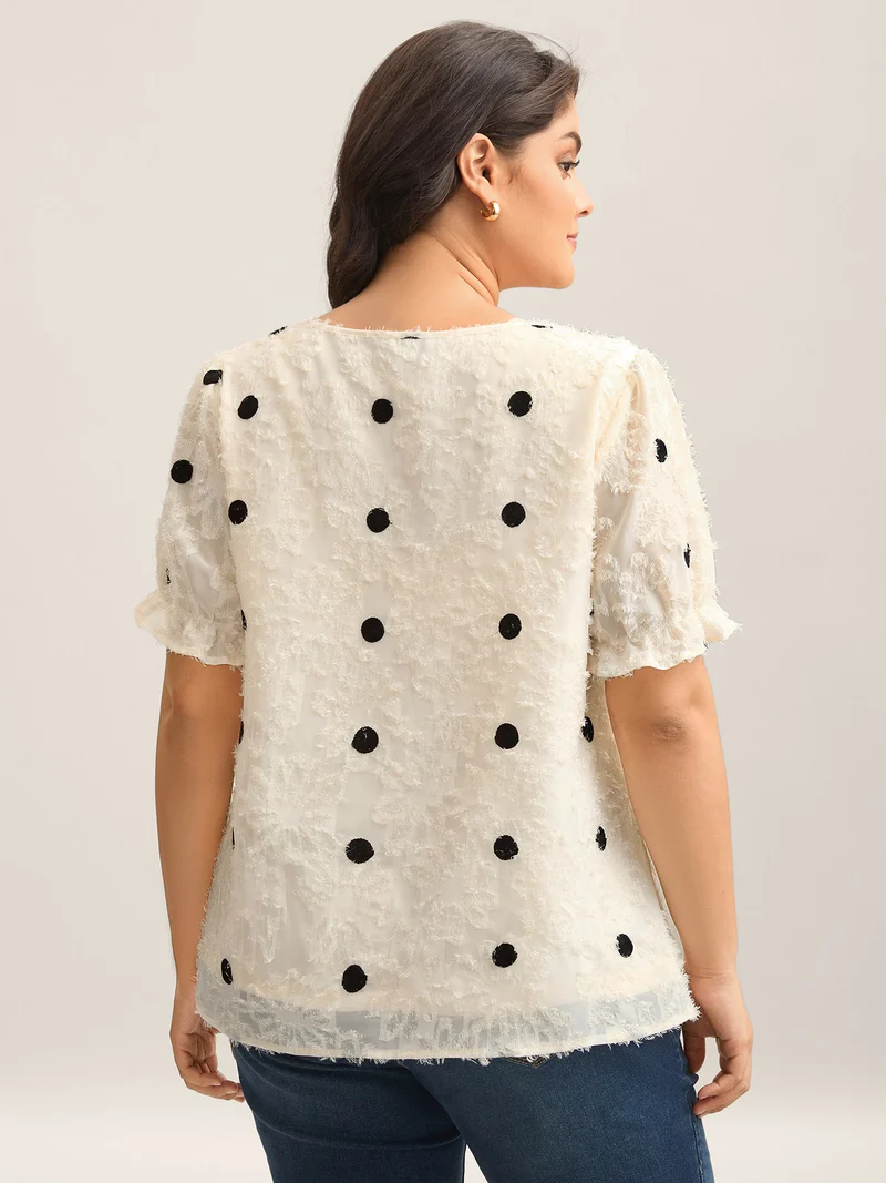 Textured Dots V-Neck Puff Sleeve Blouse