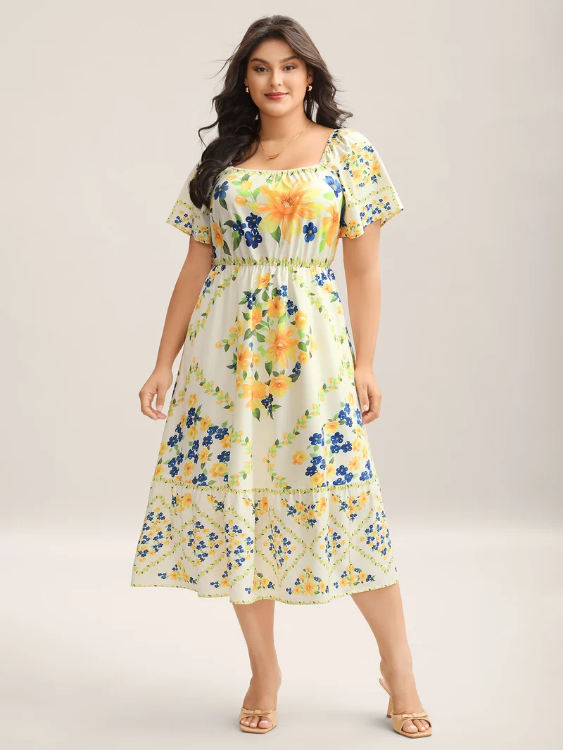 Floral Fun Print Stretchy Waist Midi Dress