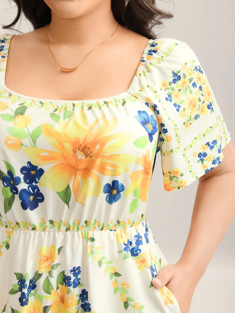 Floral Fun Print Stretchy Waist Midi Dress