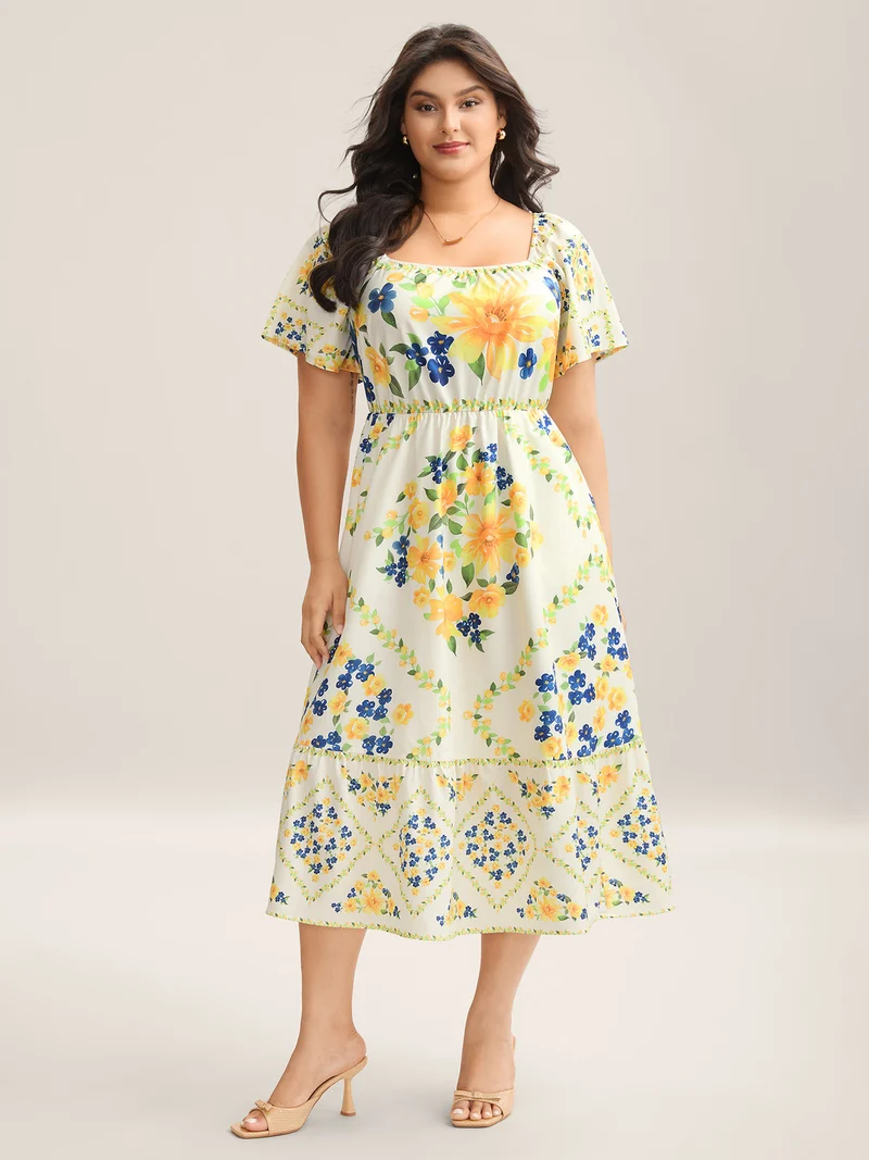 Floral Fun Print Stretchy Waist Midi Dress