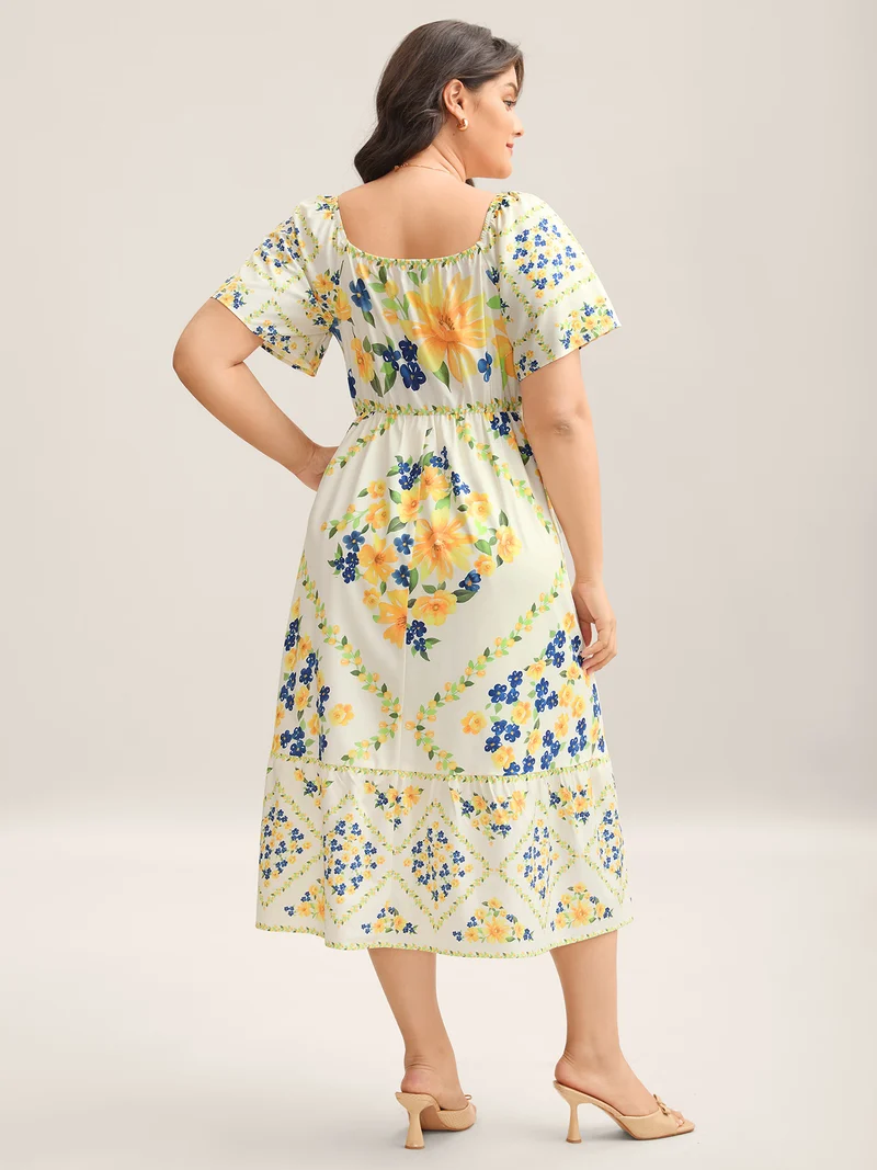 Floral Fun Print Stretchy Waist Midi Dress