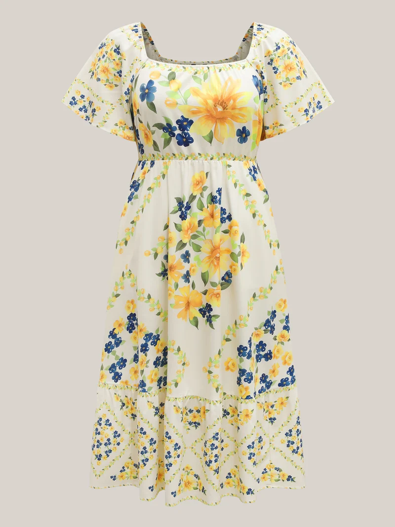 Floral Fun Print Stretchy Waist Midi Dress