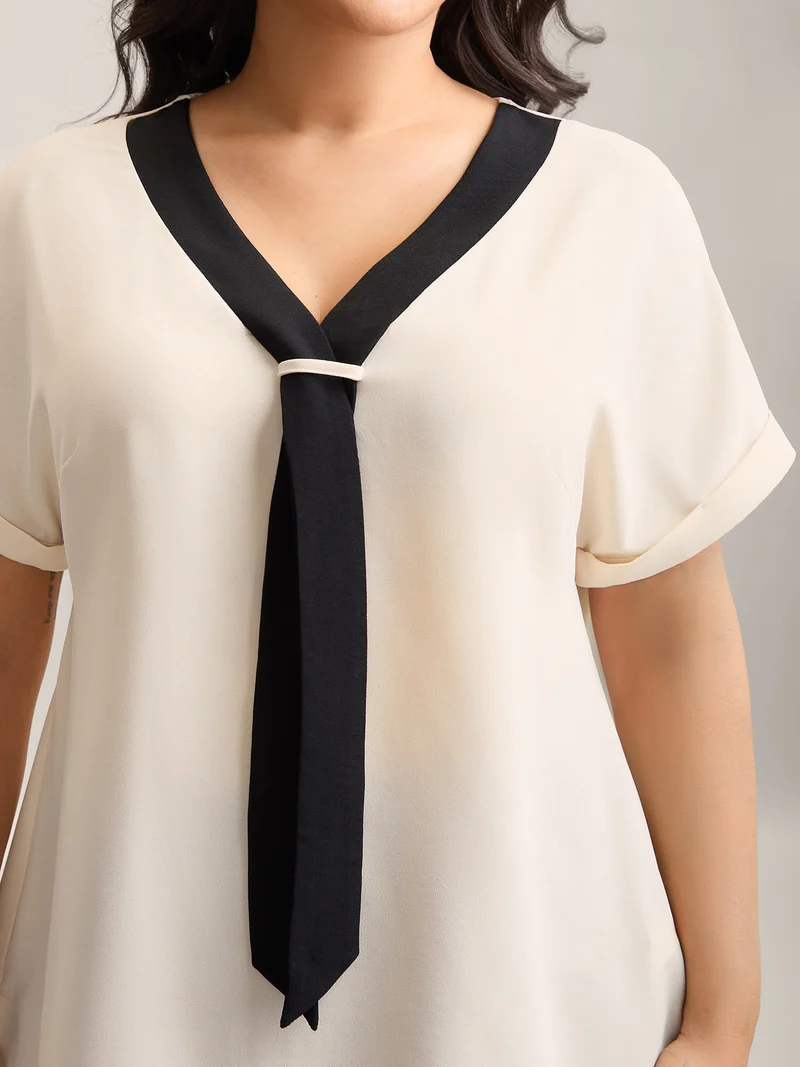 Collar Tie Color Contrast Blouse