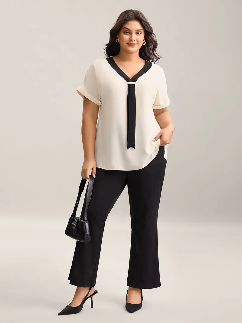 Collar Tie Color Contrast Blouse