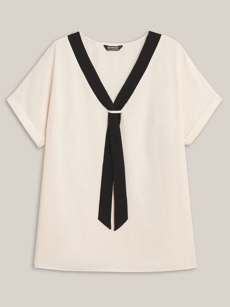 Collar Tie Color Contrast Blouse