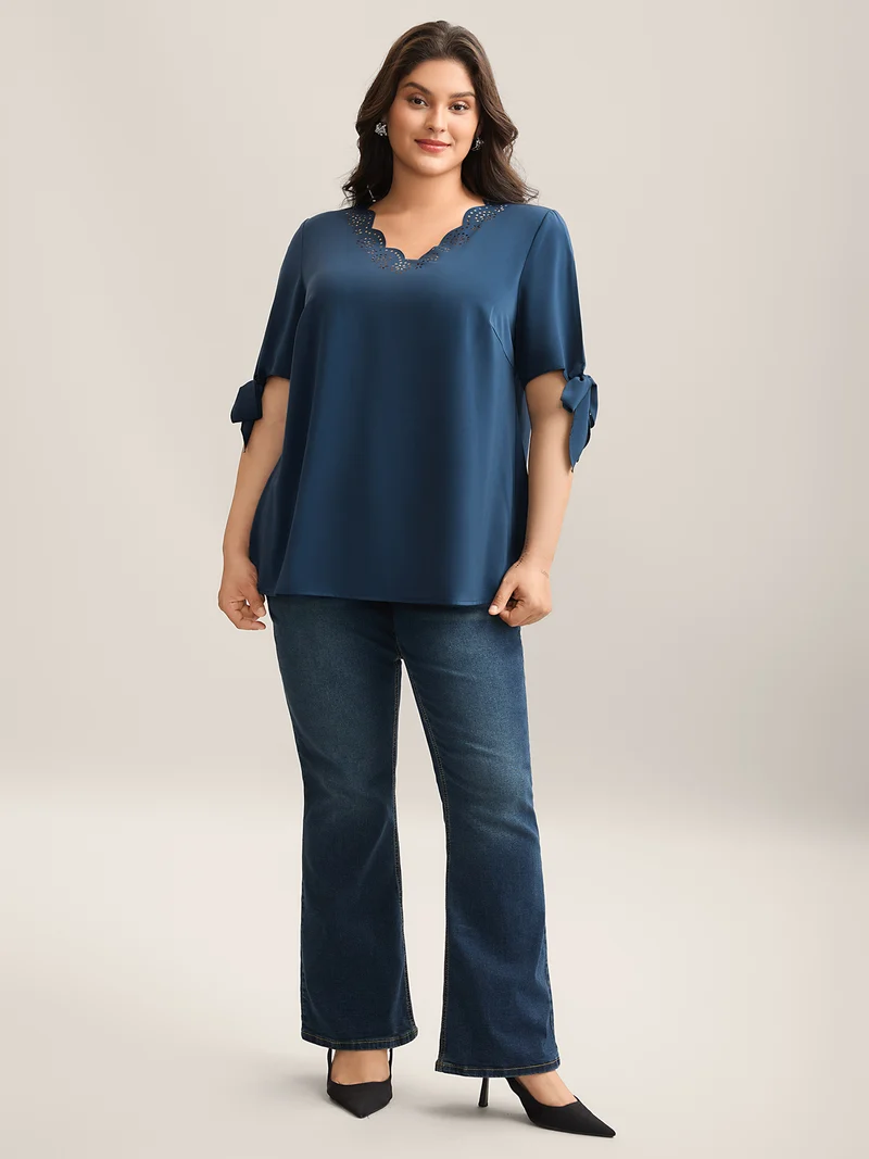 Laser Cut Neckline Knotted Sleeve Blouse