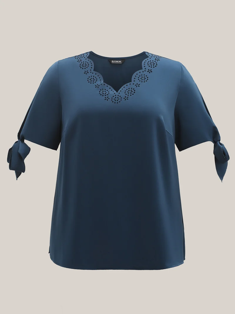 Laser Cut Neckline Knotted Sleeve Blouse