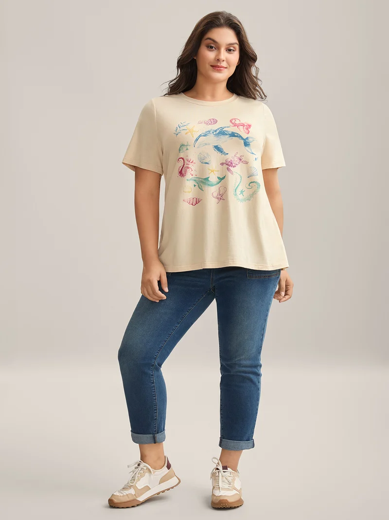 Ocean Print Round Neck Fitted T-Shirt
