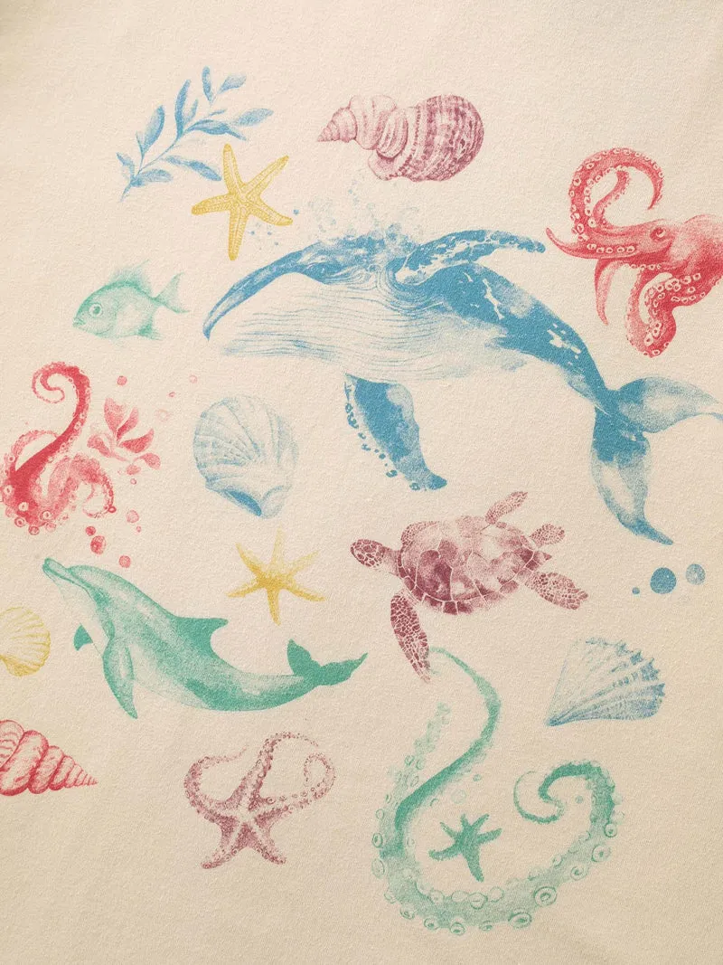 Ocean Print Round Neck Fitted T-Shirt