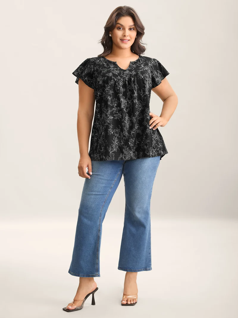 Silhouette Floral Print Flutter Sleeve Blouse