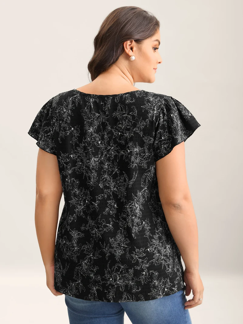 Silhouette Floral Print Flutter Sleeve Blouse
