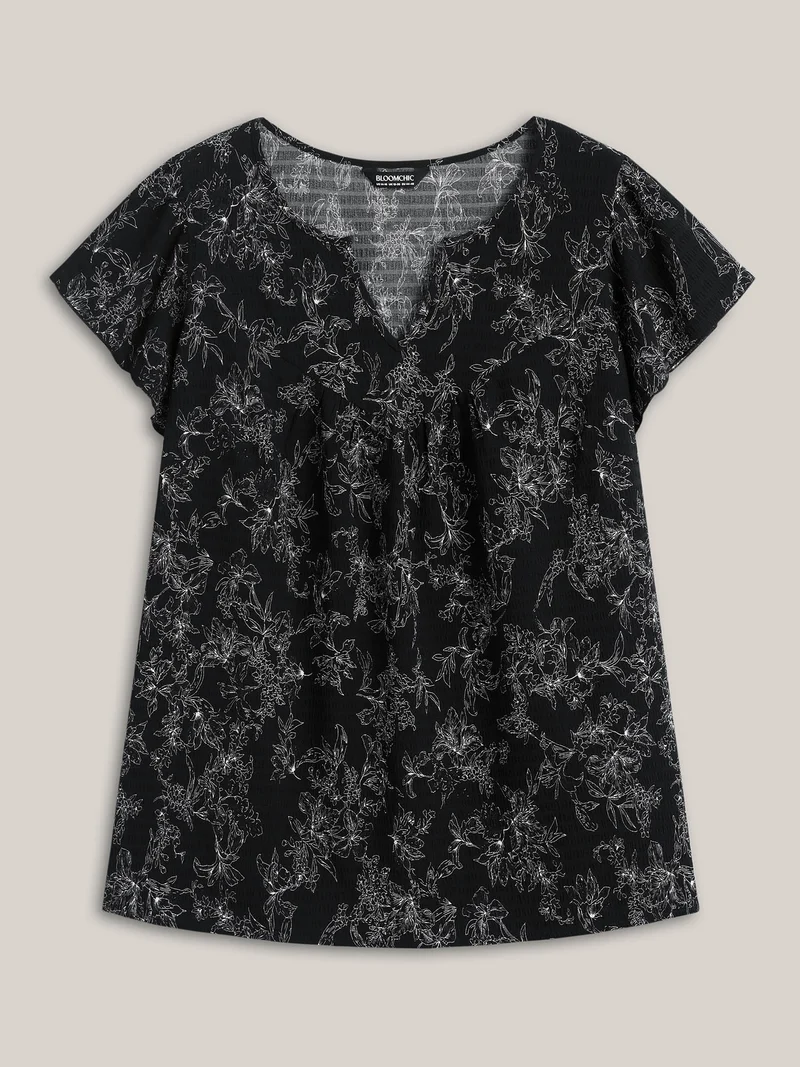 Silhouette Floral Print Flutter Sleeve Blouse