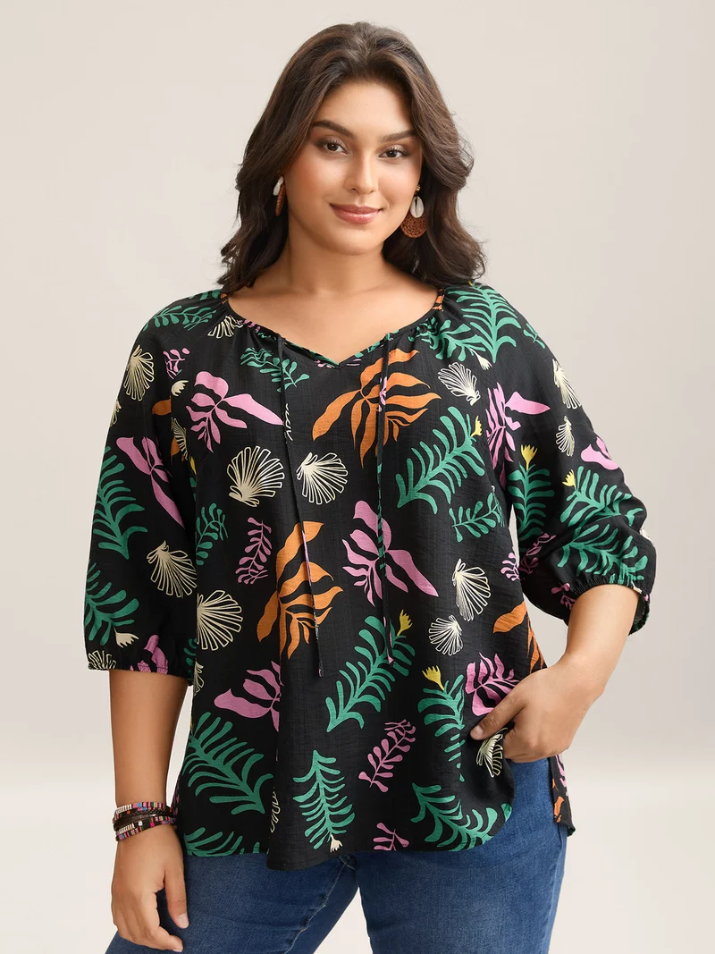 Multi-Color Leaf Print Tassels Blouse