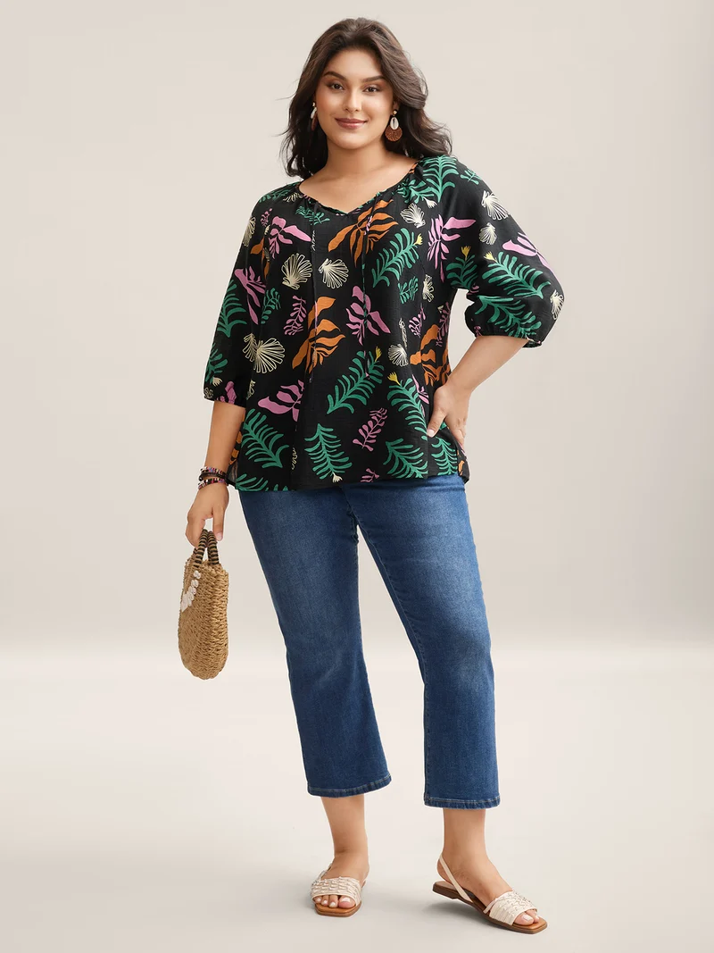 Multi-Color Leaf Print Tassels Blouse