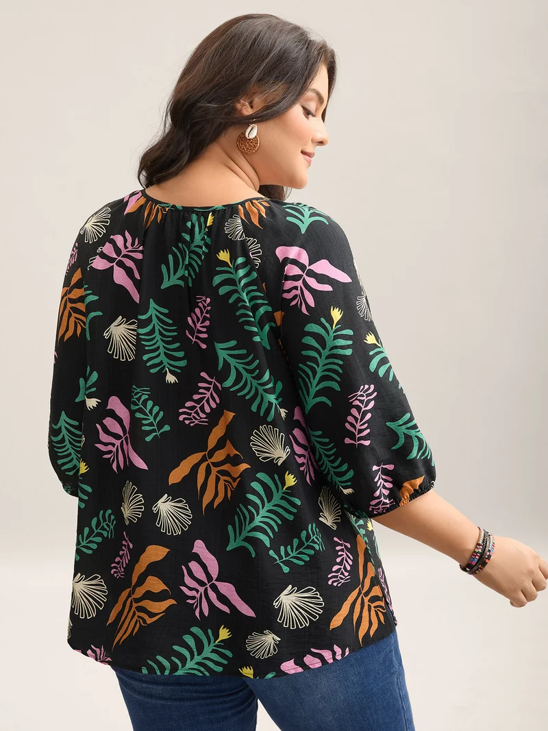 Multi-Color Leaf Print Tassels Blouse