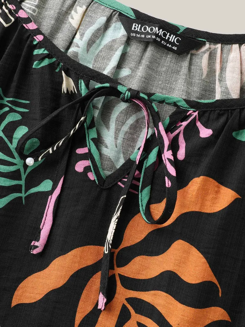 Multi-Color Leaf Print Tassels Blouse