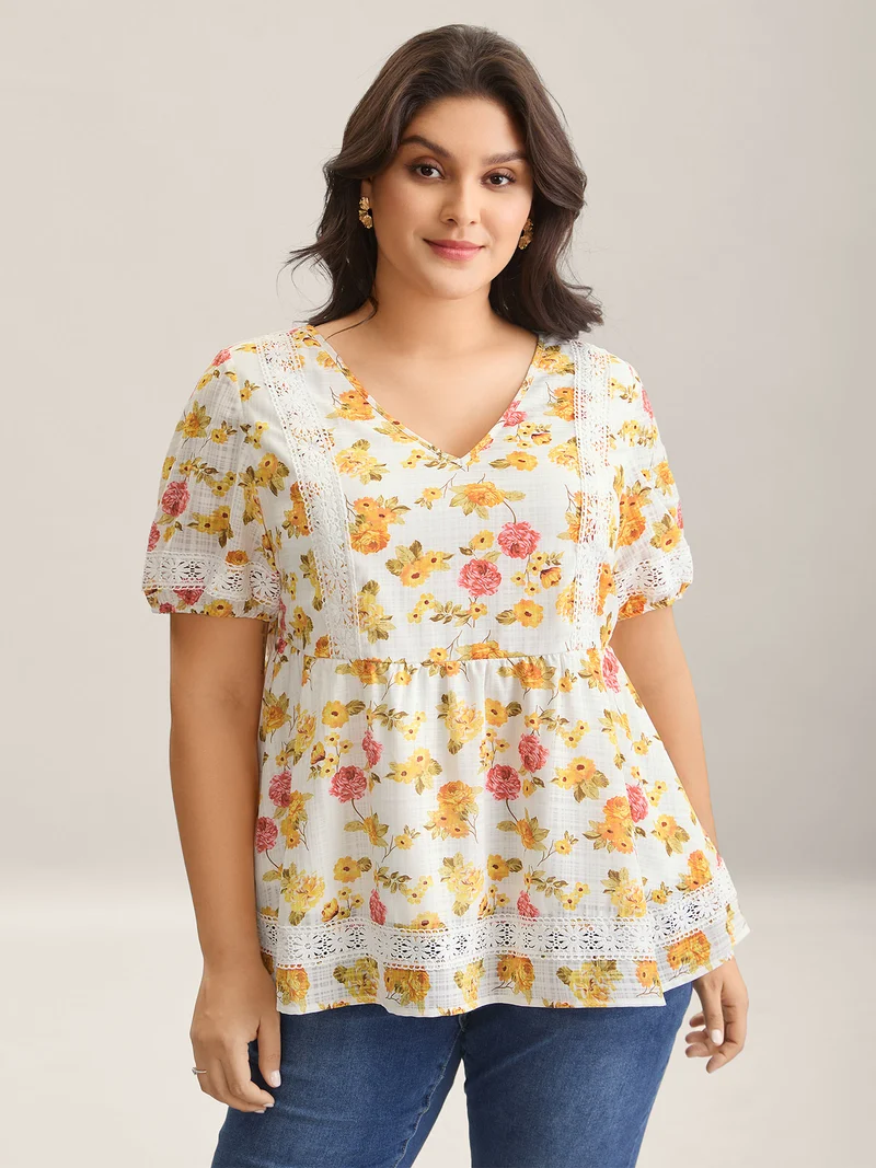 Floral Lace Trim Textured Babydoll Top