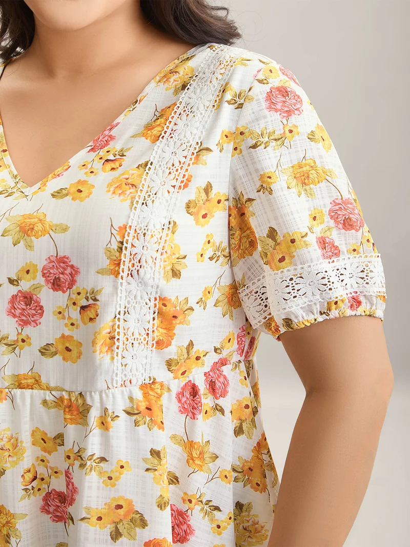 Floral Lace Trim Textured Babydoll Top