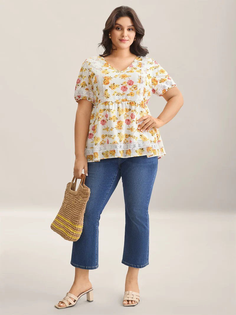 Floral Lace Trim Textured Babydoll Top
