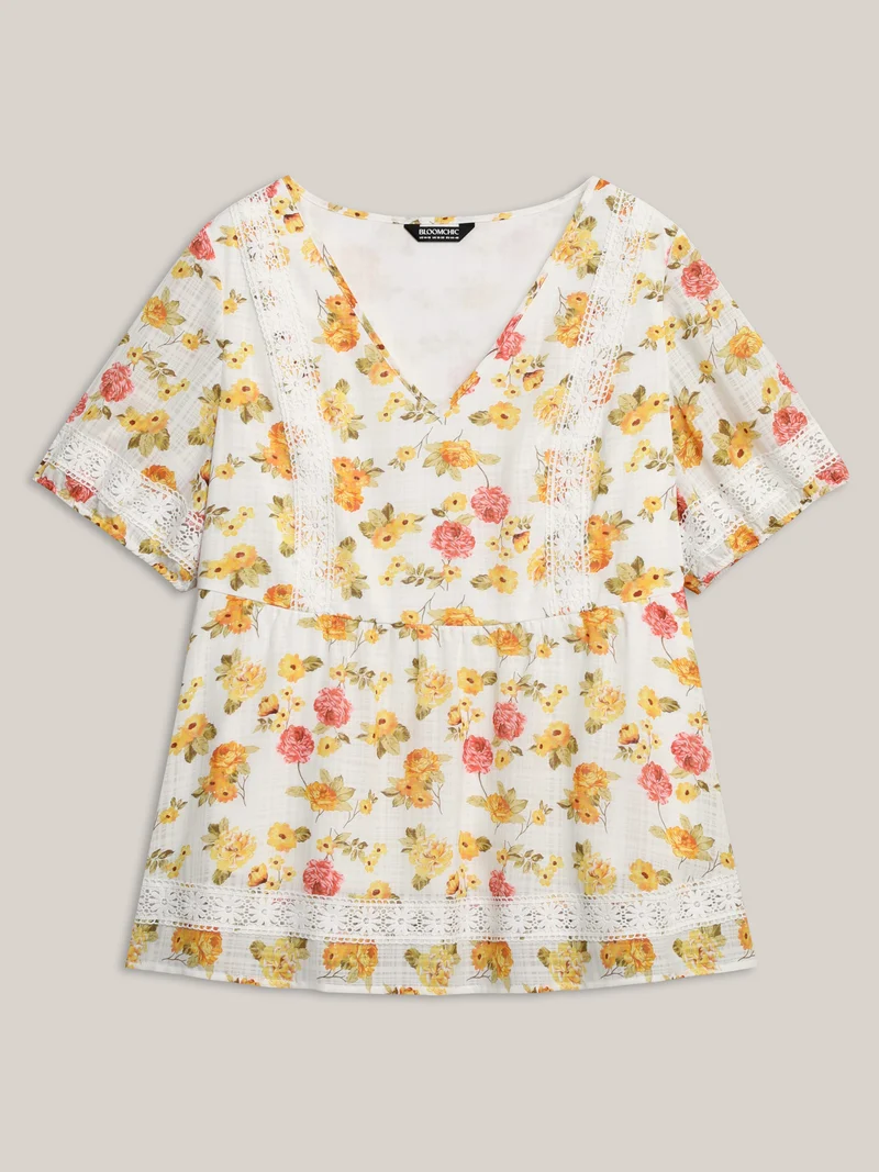 Floral Lace Trim Textured Babydoll Top