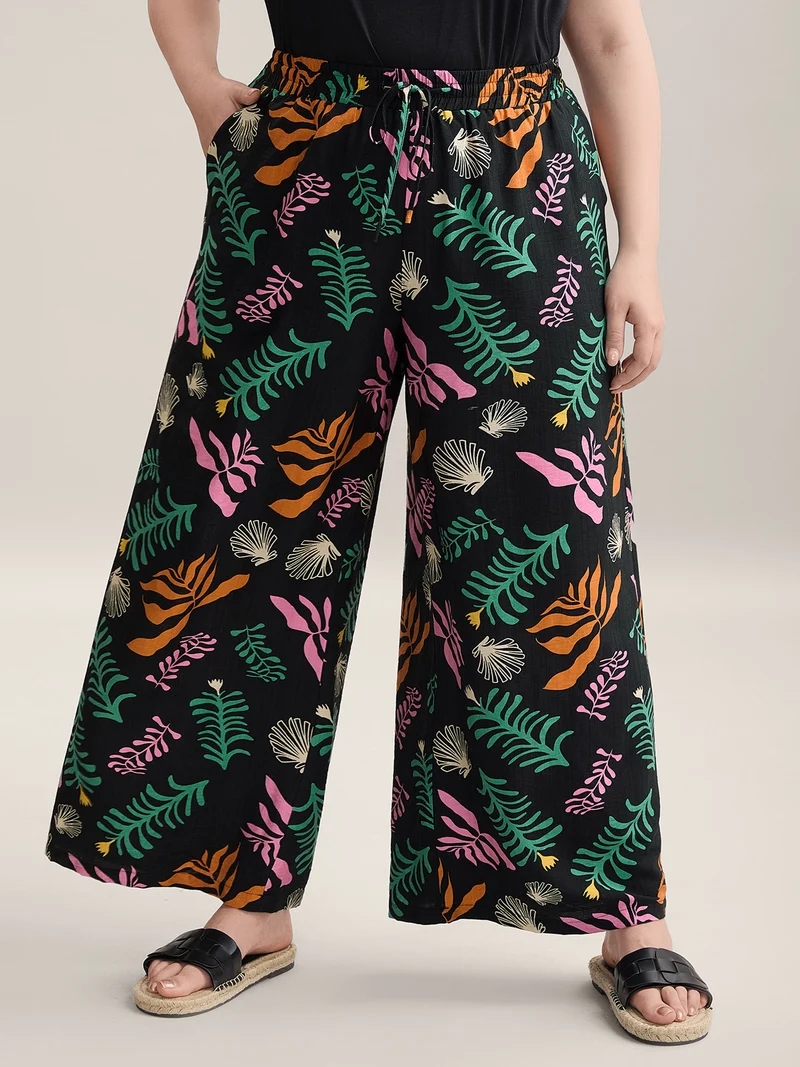 Multi-Color Leaf Print Wide-Leg Pants