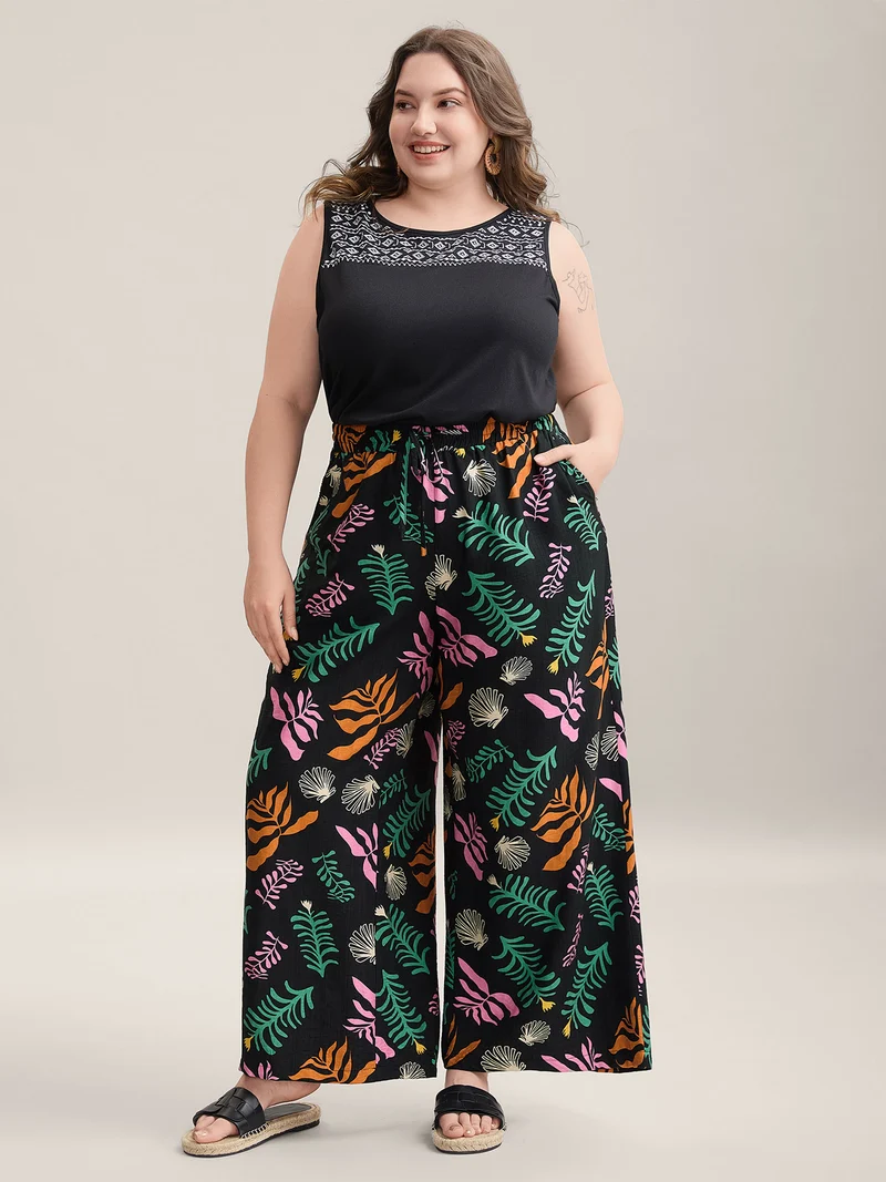 Multi-Color Leaf Print Wide-Leg Pants