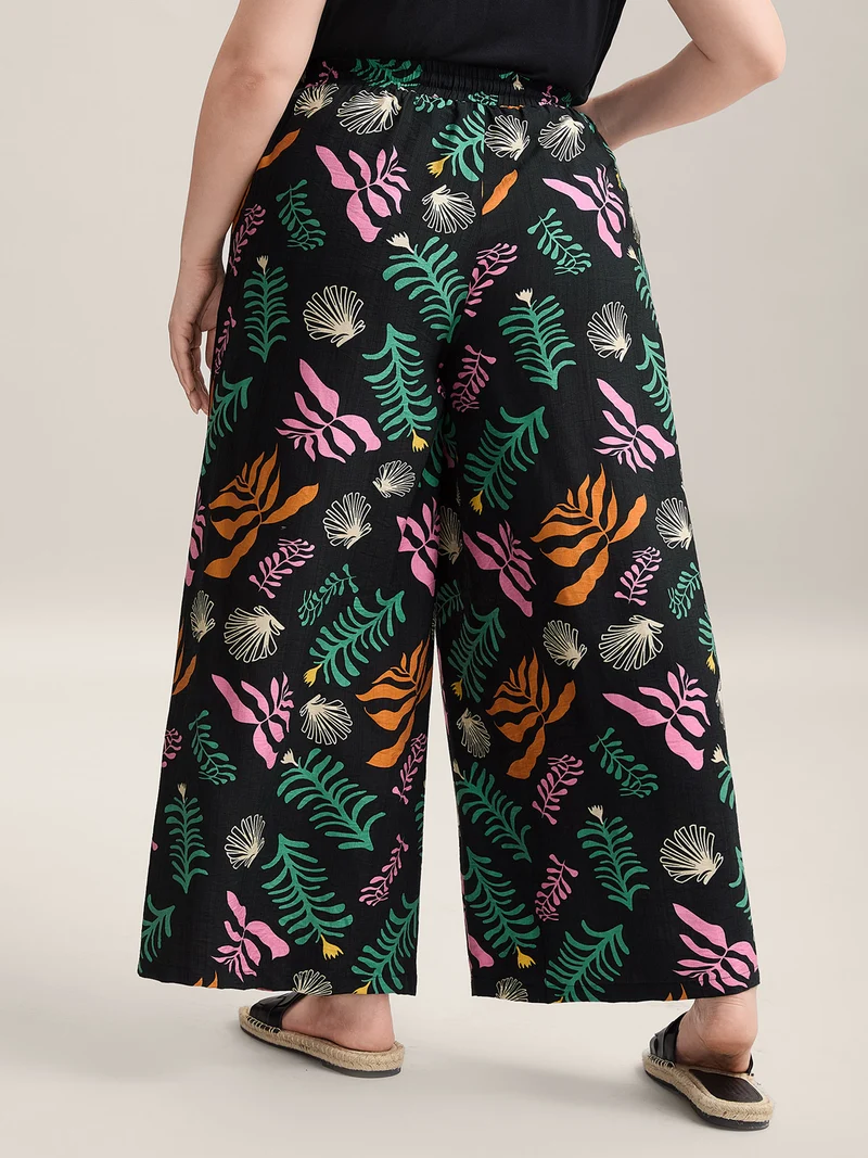 Multi-Color Leaf Print Wide-Leg Pants