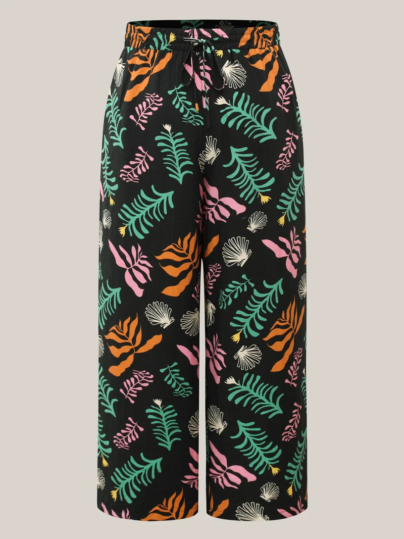 Multi-Color Leaf Print Wide-Leg Pants