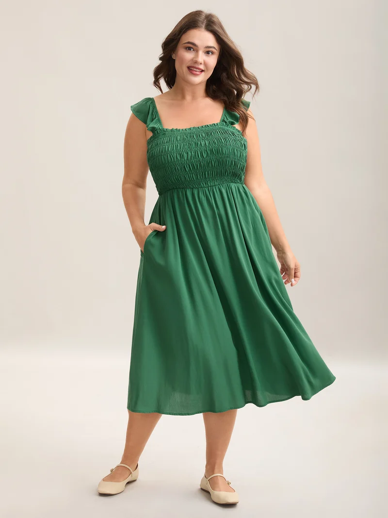 Rayon Shirred Flutter Straps Pockets Midi Dress