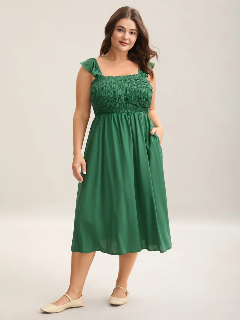 Rayon Shirred Flutter Straps Pockets Midi Dress