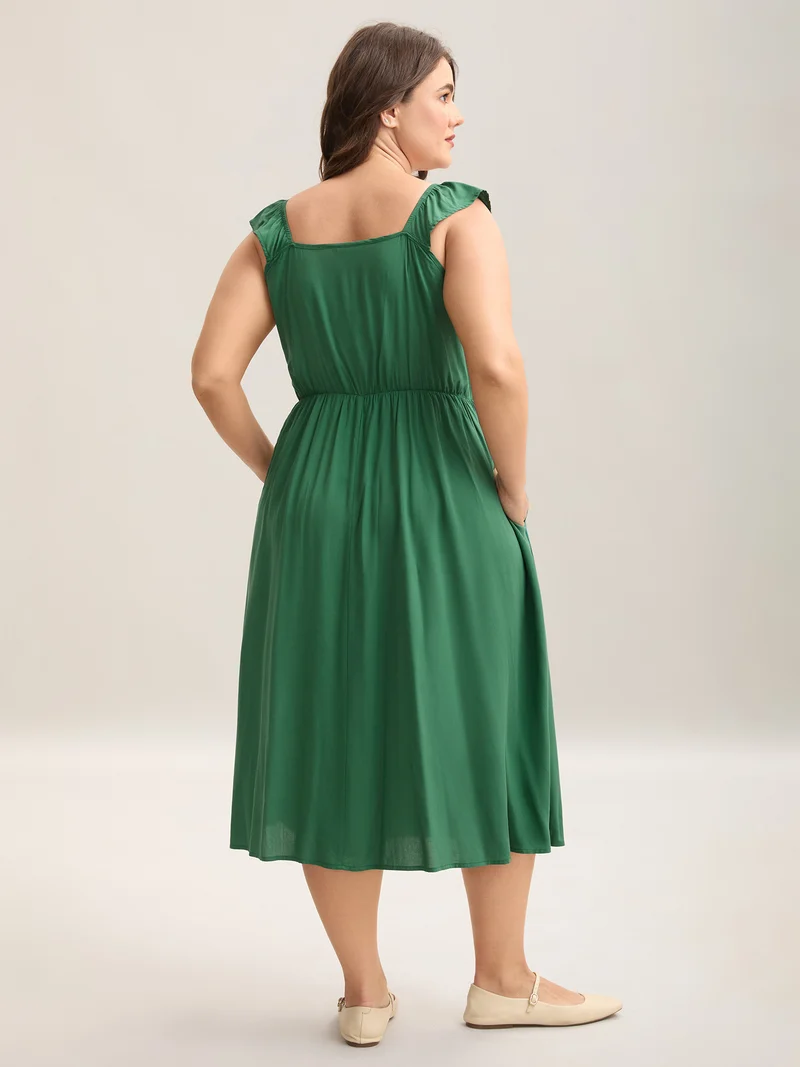 Rayon Shirred Flutter Straps Pockets Midi Dress