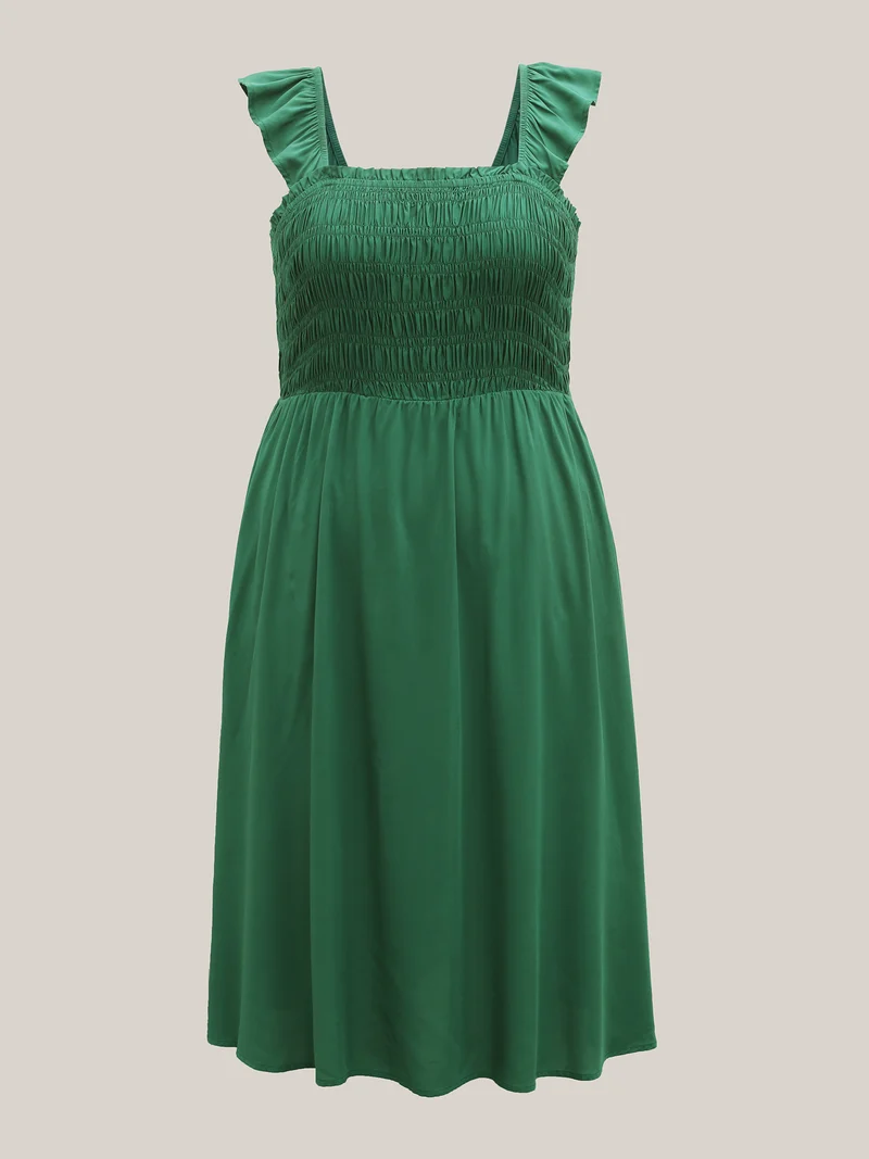 Rayon Shirred Flutter Straps Pockets Midi Dress