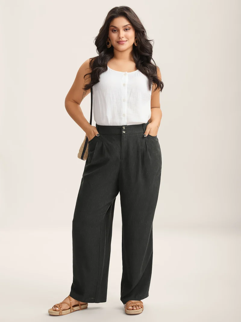 Rayon-Linen Pleated Straight-Leg Pants