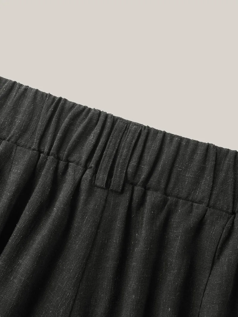 Rayon-Linen Pleated Straight-Leg Pants
